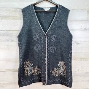 Jennifer Reed 3X Gray Knit Vest Paisley Embroidered‎ Button Cardigan Wool 90s